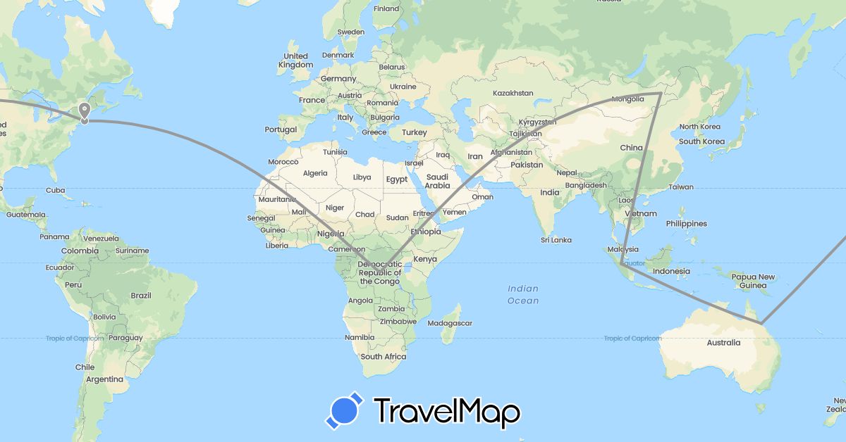 TravelMap itinerary: plane in Australia, Democratic Republic of the Congo, Indonesia, Mongolia, United States (Africa, Asia, North America, Oceania)